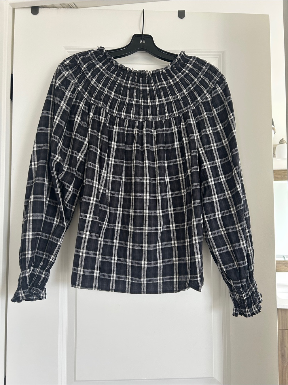 Universal Thread Black and White Plaid Smocked-Neck Blouse